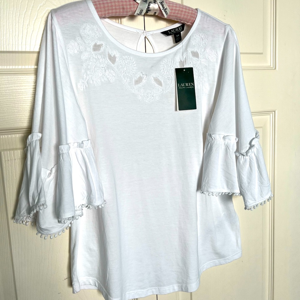 NWT Lauren Ralph Lauren White Embroidered Lace Bell Sleeve Blouse